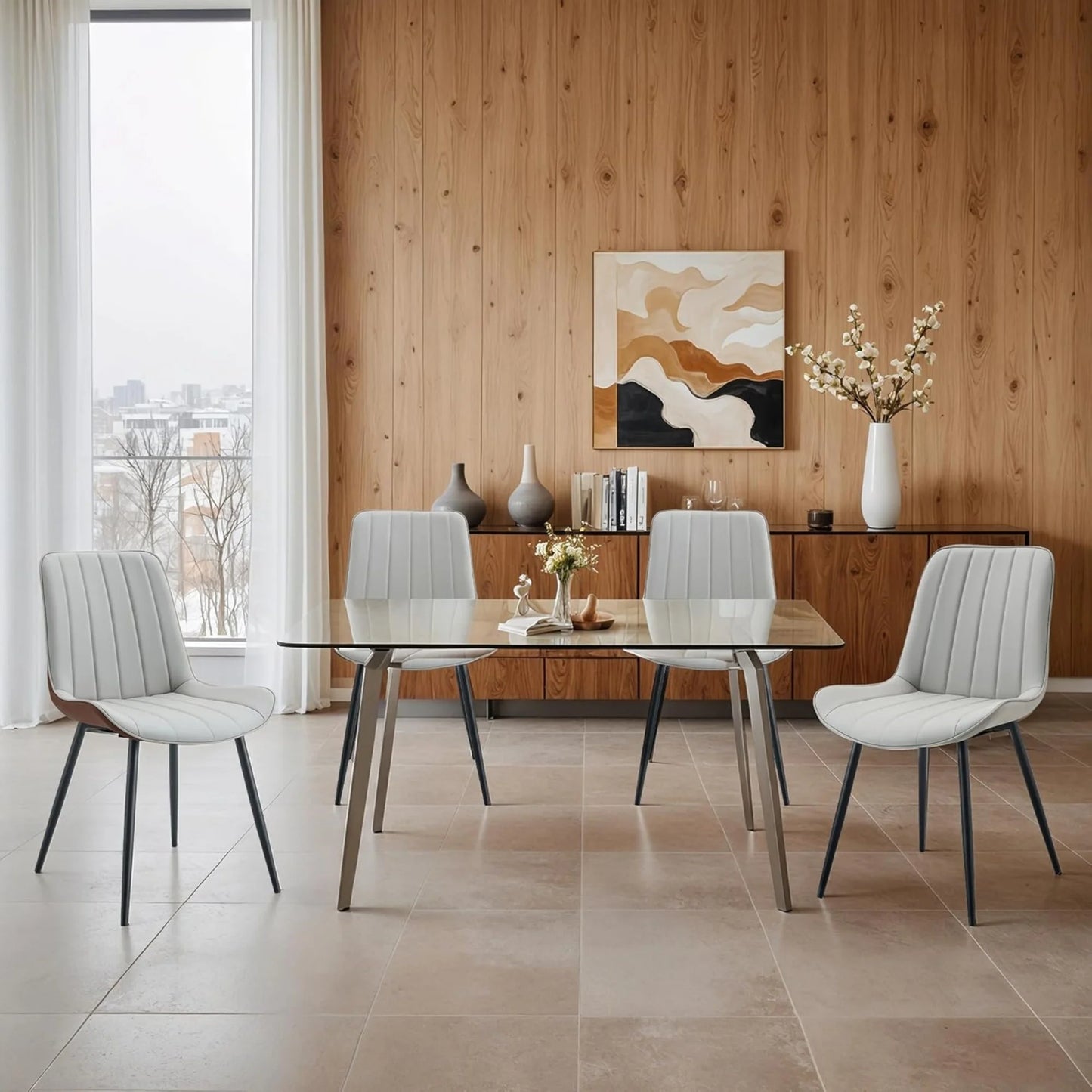 PU Leather Dining Chairs Set of 4, Modern Dining Kitchen Chairs with Cushion Seat Back   Metal Legs, Upholstered Chairs for Home Kitchen Restaurant Dining Living Room (Beige)