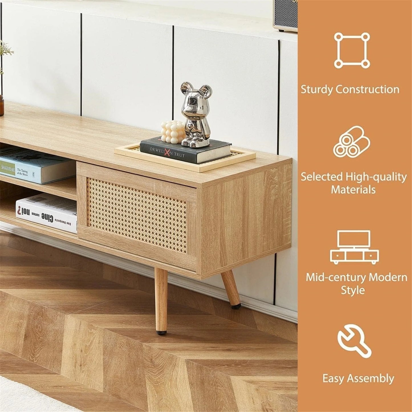 Rattan TV Stand for 65 Inch TV, Boho Entertainment Center with Adjustable Shelves & Metal Frame, Wood TV Media Console with Variable Light Strip for Living Room, White,Natural Wood