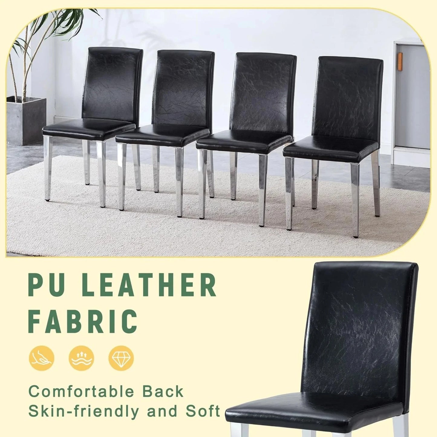 SUDICA Black Faux Leather Dining Chairs Set of 2, Silver Metal Legs for Kitchen or Dining Room