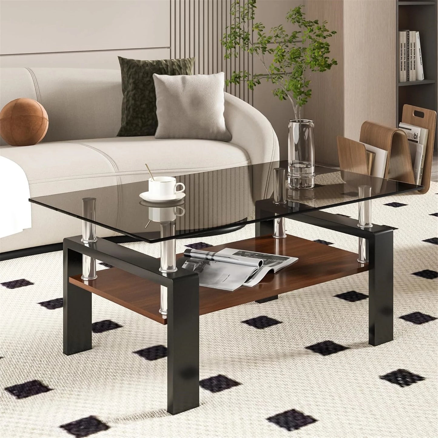 Glass Coffee Table Rectangle Living Room Center Table with Storage, Clear Tempered Glass Tabletop and Smoke Grey Leg,for Living Room and Office (Clear Smoke),Gray brown