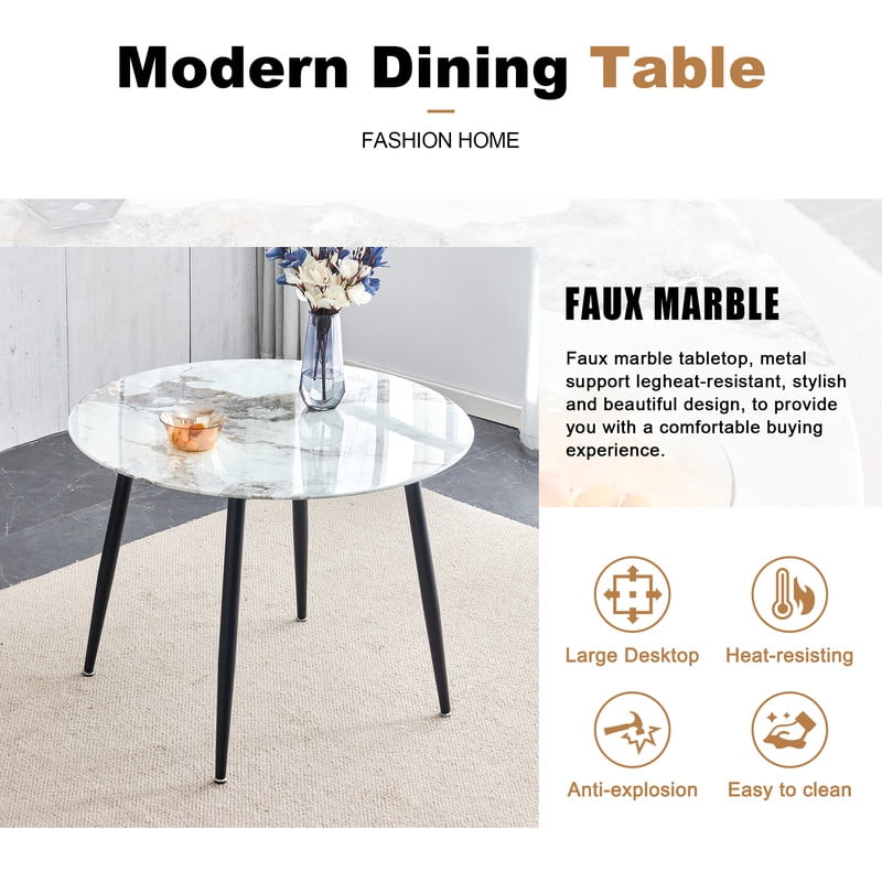 White Marble Table Set for 4, Compact 40 inch Round Table with Grey Linen Dining Chairs Modern Table and Chairs for Kitchen