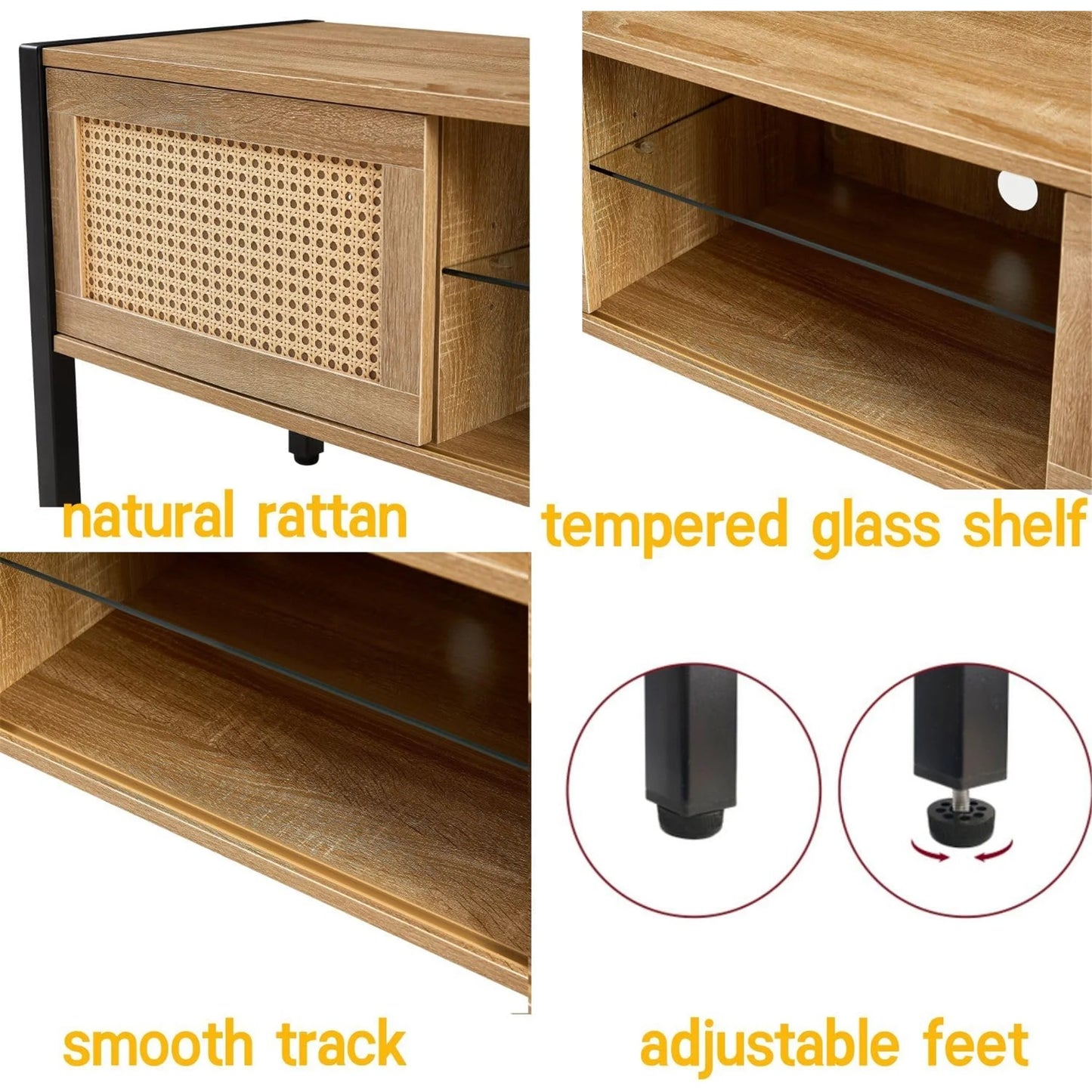 Rattan TV Stand for 65 Inch TV, Boho Entertainment Center with Adjustable Shelves & Metal Frame, Wood TV Media Console with Variable Light Strip for Living Room, White,Natural