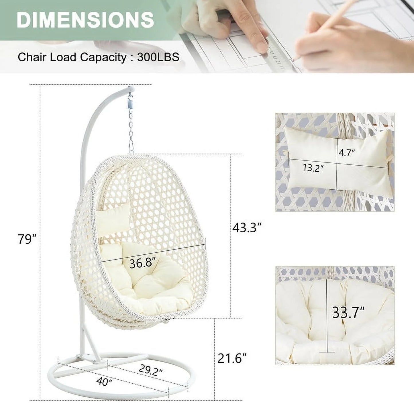 Hanging Egg Chair with Stand,Sudica Patio Soft Cushion Rattan Wicker Egg Swing Chair for Outdoor and Indoor,350lbs Capacity,White