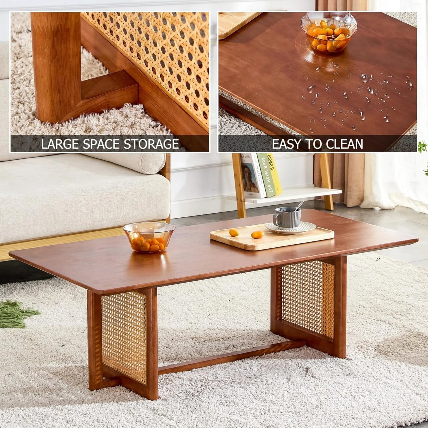 Sudica Coffee Table,47.2”Rectangle Solid Wood Table,Modern Imitation Rattan Coffee Table,Cross Table Legs for Living Room,Walnut