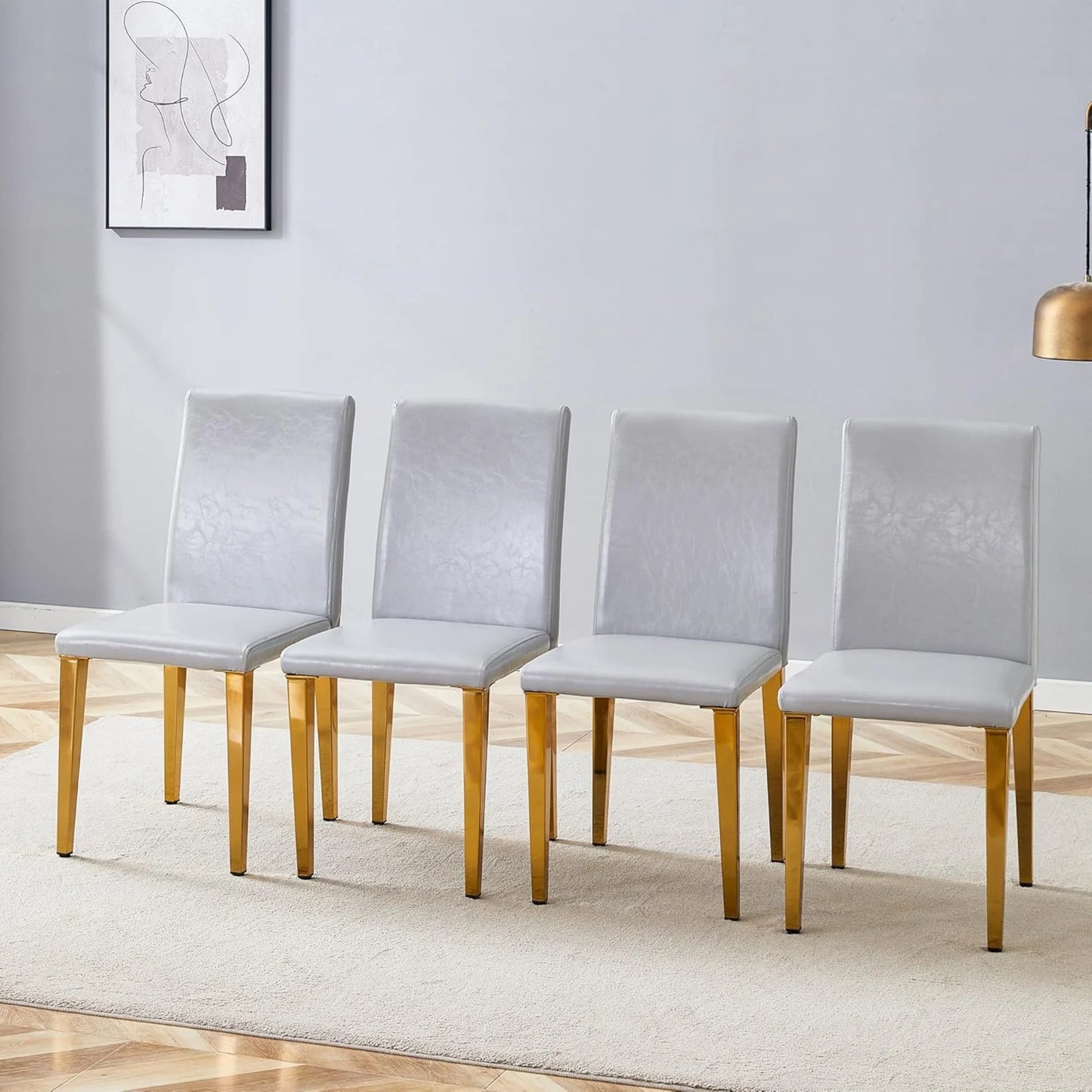 SUDICA Gray Faux Leather Dining Chairs Set of 4, Gold Metal Legs for Kitchen & Dining Room