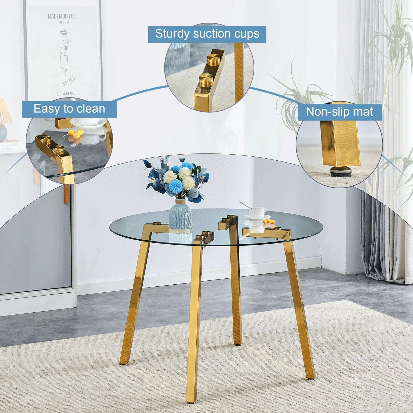 Sudica 42"Round Dining Table. Modern Minimalist Kitchen Table Glass with Metal Legs, for Kitchen, Dining Room, Golden