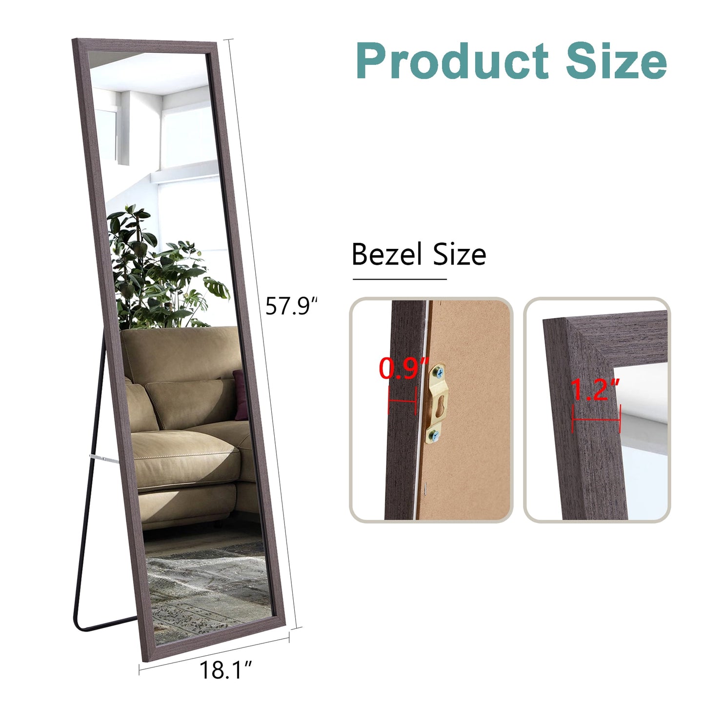 Wood Floor Mirror, 58"x 18" Sudica Thick Wooden Frame Full Body Mirror with Stand, Wall Mirror for Living Room, Gray