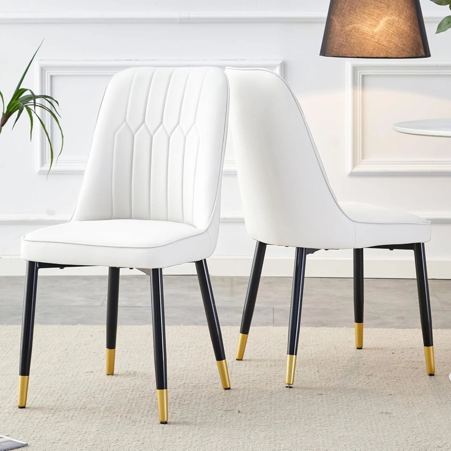 SUDICA 63" Dining Table Set, Black Faux Marble Glass Top, White PU Leather Chairs, Set of 6