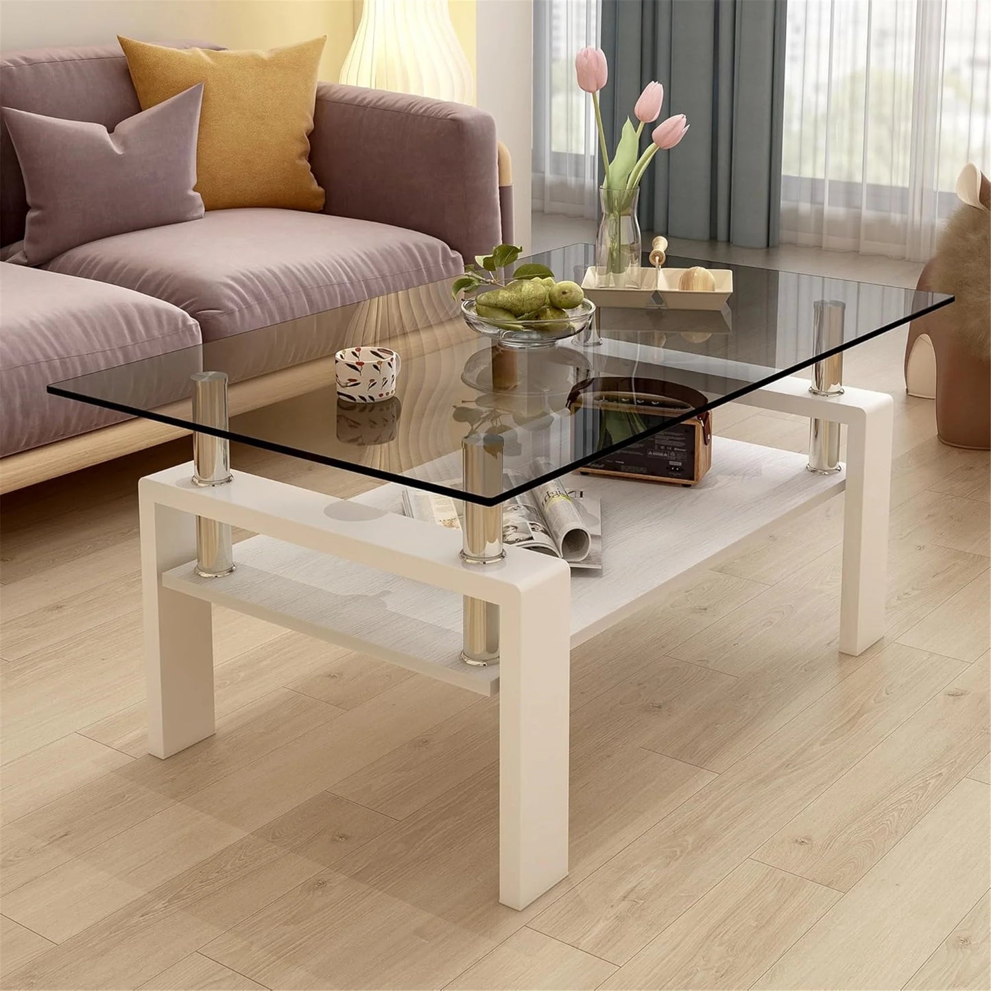 Glass Coffee Table Rectangle Living Room Center Table with Storage, Clear Tempered Glass Tabletop and Smoke Grey Leg,for Living Room and Office (Clear Smoke),Gray white