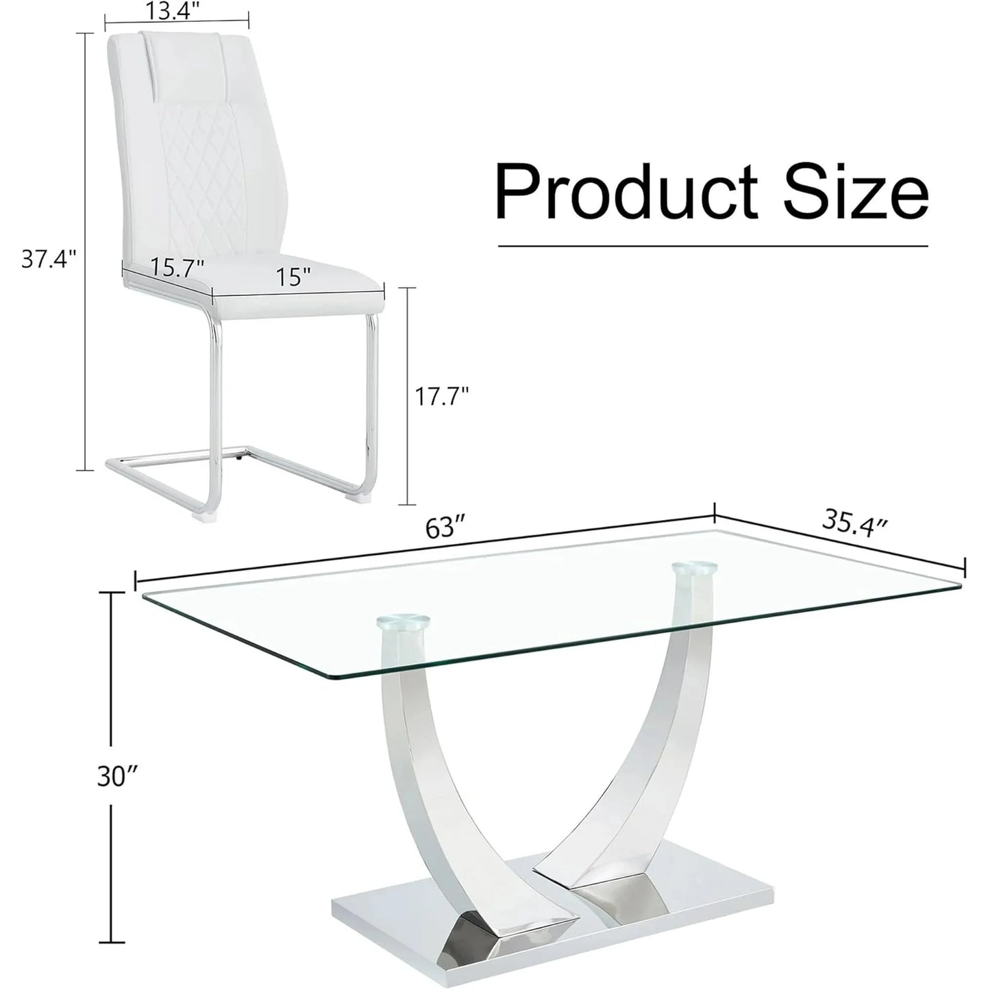 Silver Dining Table Set for 4,5PCS Glass Dining Room Table Set for 4, 63'' Rectangular Tempered Glass Top Kitchen Table Set and 4 Chairs for Dining Room Kitchen