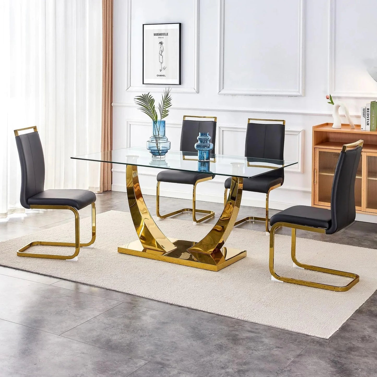 SUDICA Glass Dining Table Set with Black PU Chairs for Dining Room, 5 Pieces