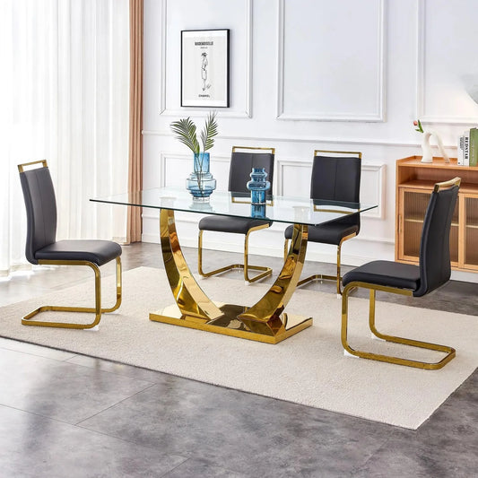 SUDICA Glass Dining Table Set with Black PU Chairs for Dining Room, 5 Pieces