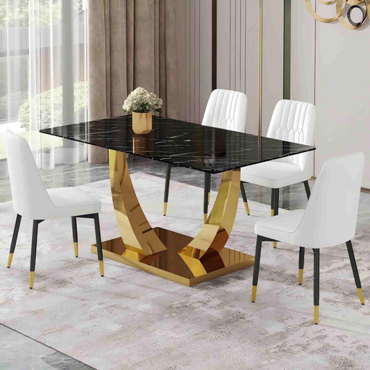 SUDICA Dining Table Set Black Glass Top Gold Base White Faux Leather Chairs for Dinner, 5 Piece