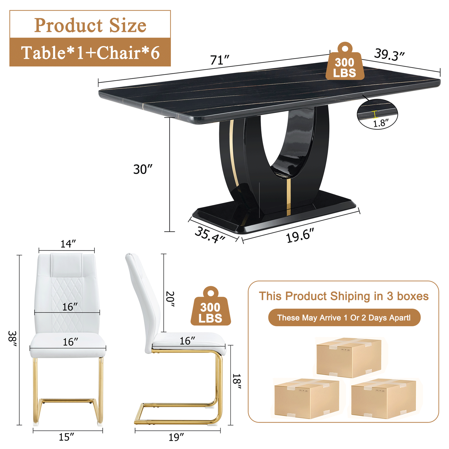 Sudica Marble Dining Set, Large Kitchen Table with 6 Gold Legs Dining Chairs 71" Modern Dining Table Set for Home,Black