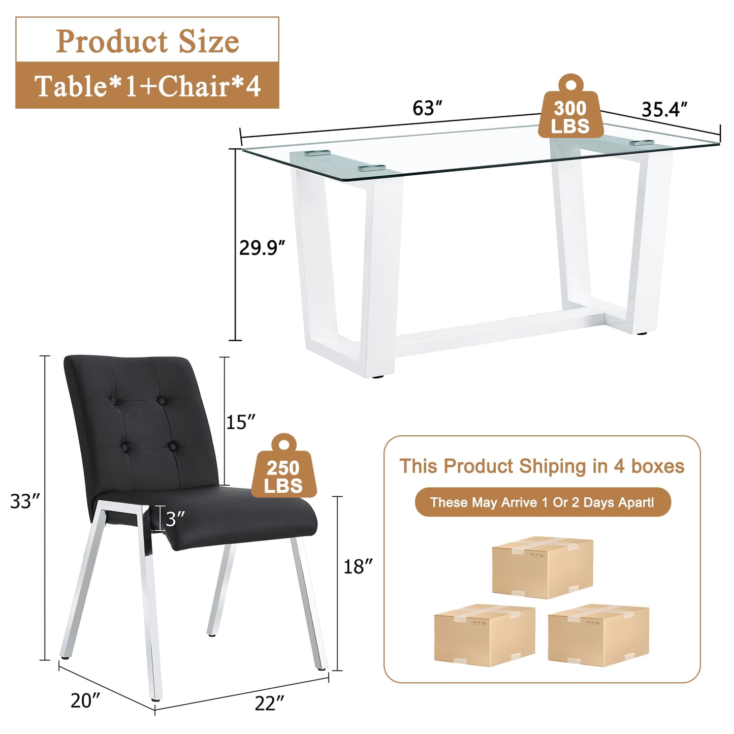 63" Glass Dining Table Set for 4, Sudica White Legs Kitchen Table Set with Upholstered Faux Leather Dining Room Chairs, Black