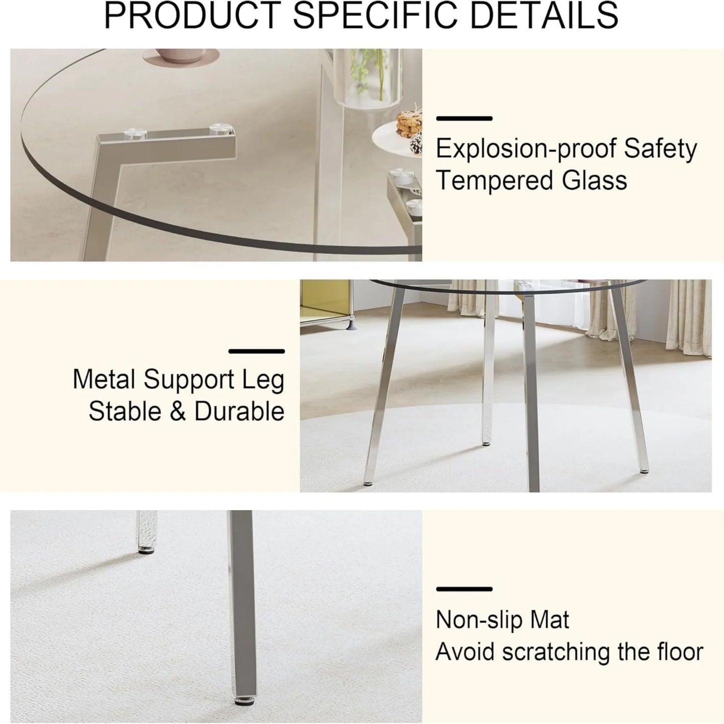 Sudica 42"Round Dining Table. Modern Minimalist Kitchen Table Glass with Metal Legs, for Kitchen, Dining Room, Silver