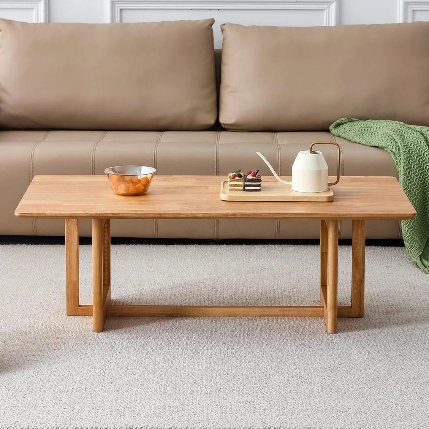SUDICA 47" Solid Wood Coffee Table, Rattan Panel Legs, Modern Rectangle Table for Living Room