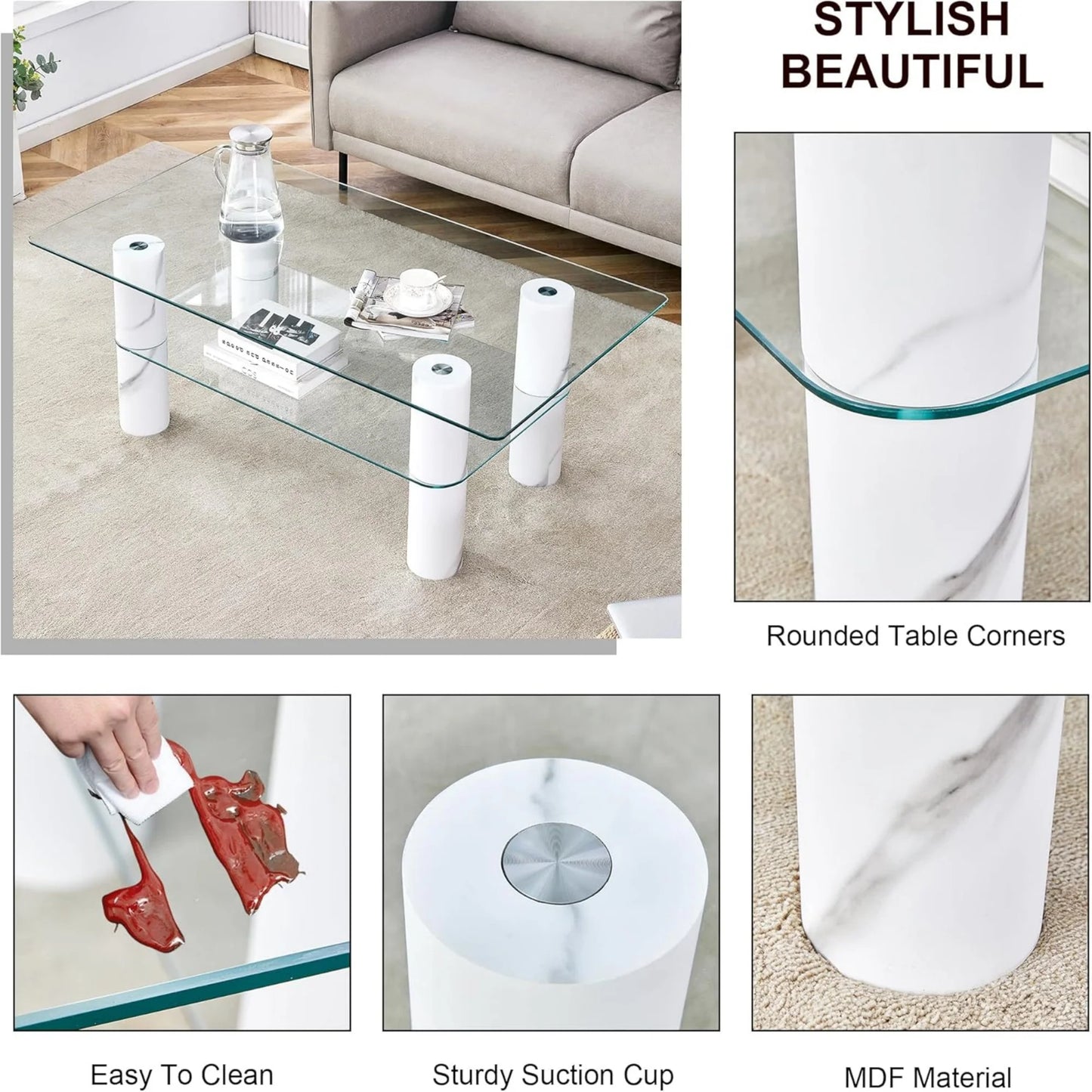 Modern Minimalist Double Layered Transparent Tempered Glass Coffee Table,47" Sudica Rectangular Tea Table with White Legs