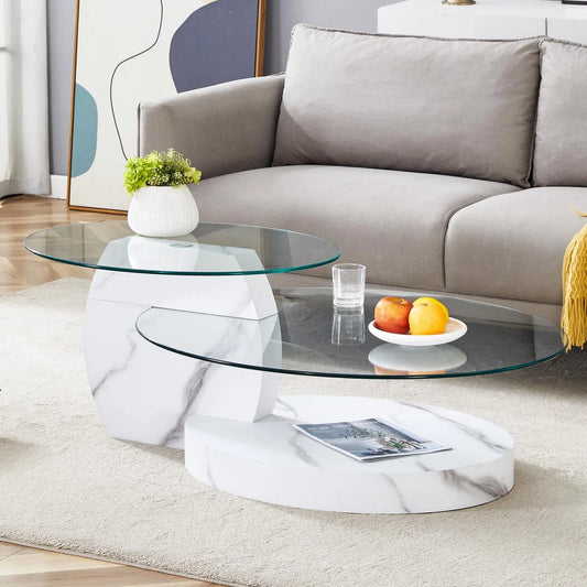 Sudica Modern Coffee Table with Double-layer Round Glass Tabletop,47" Tea Table with White Faux Marble Patterned Base,Center Table for Living Room