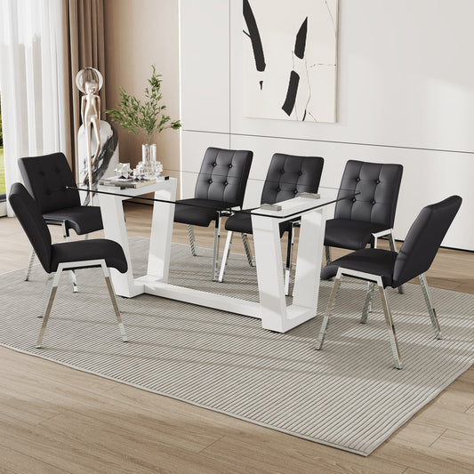 63" Glass Dining Table Set for 6, Sudica White Legs Kitchen Table Set with Upholstered Faux Leather Dining Room Chairs, Black