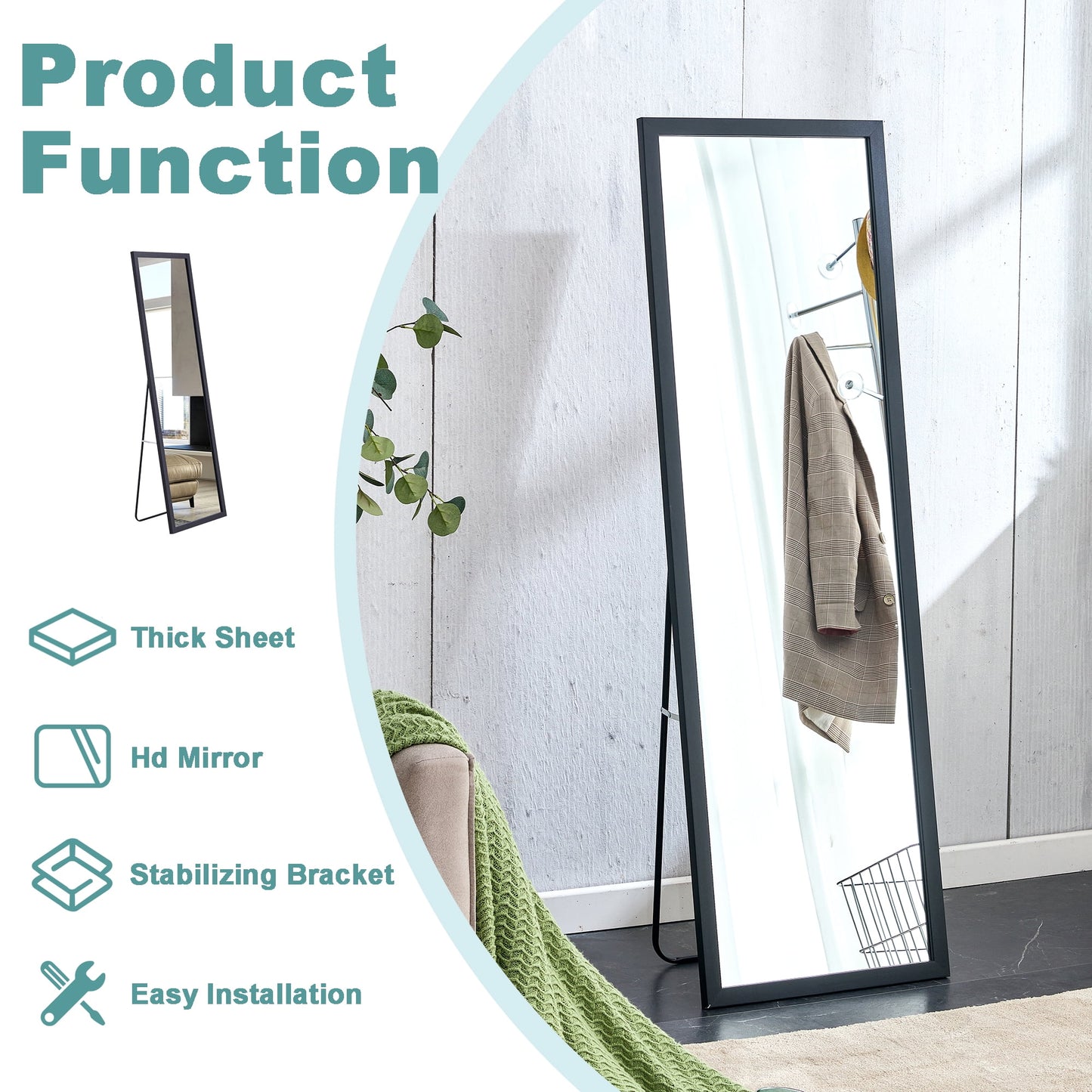Wood Floor Mirror, 58"x 18" Sudica Thick Wooden Frame Full Body Mirror with Stand, Wall Mirror for Living Room, Black