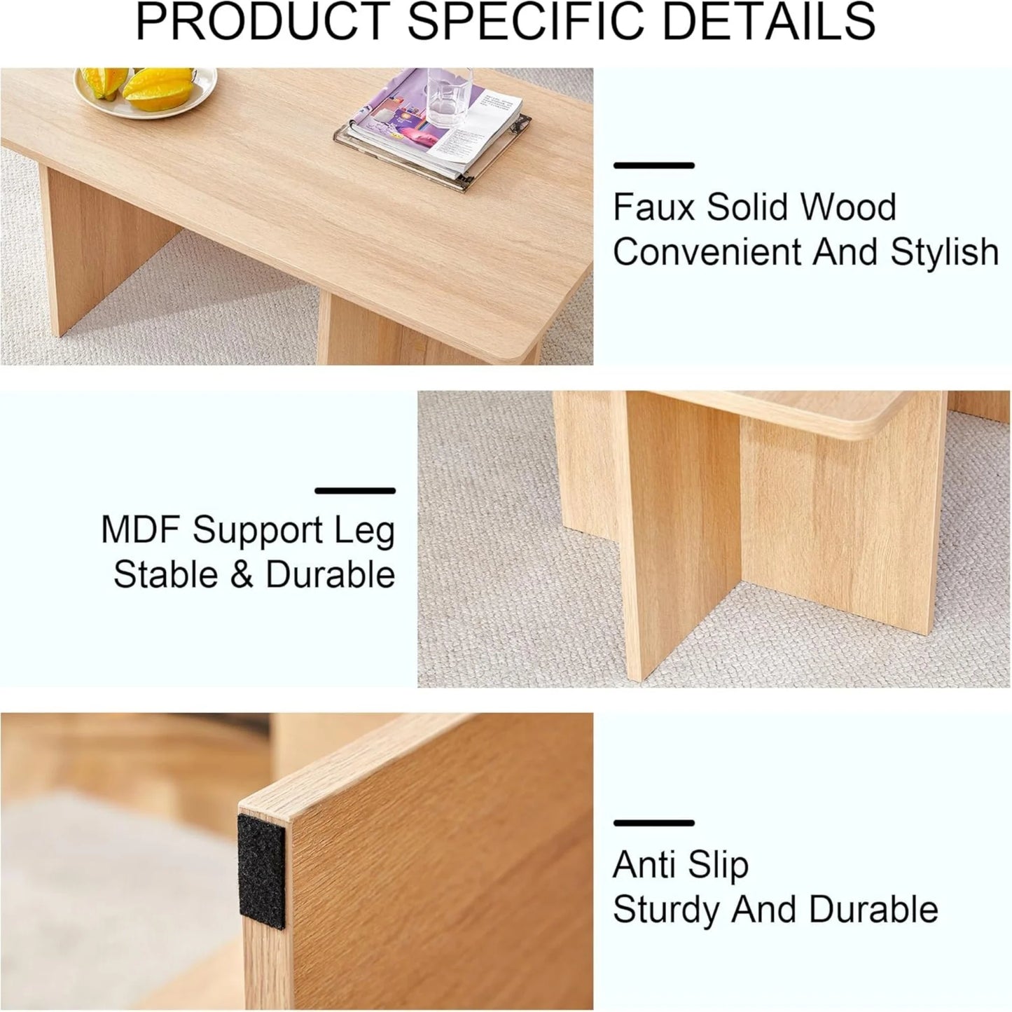 Sudica 44.8” Natural Wood Color Rectangle MDF Coffee Table,Wood Coffee Table with Stable Triangular Support for Living Room/Bedroom