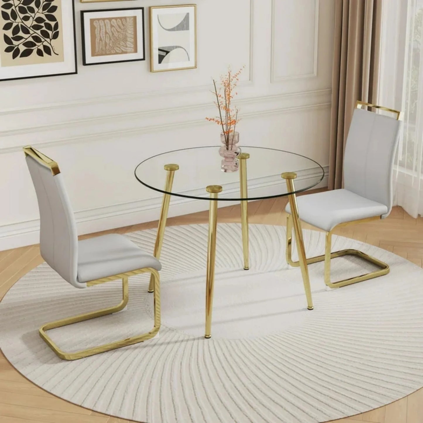Sudica Round Dining Table Set for 2, 40in Tempered Glass & Grey PU Chairs, Gold Legs