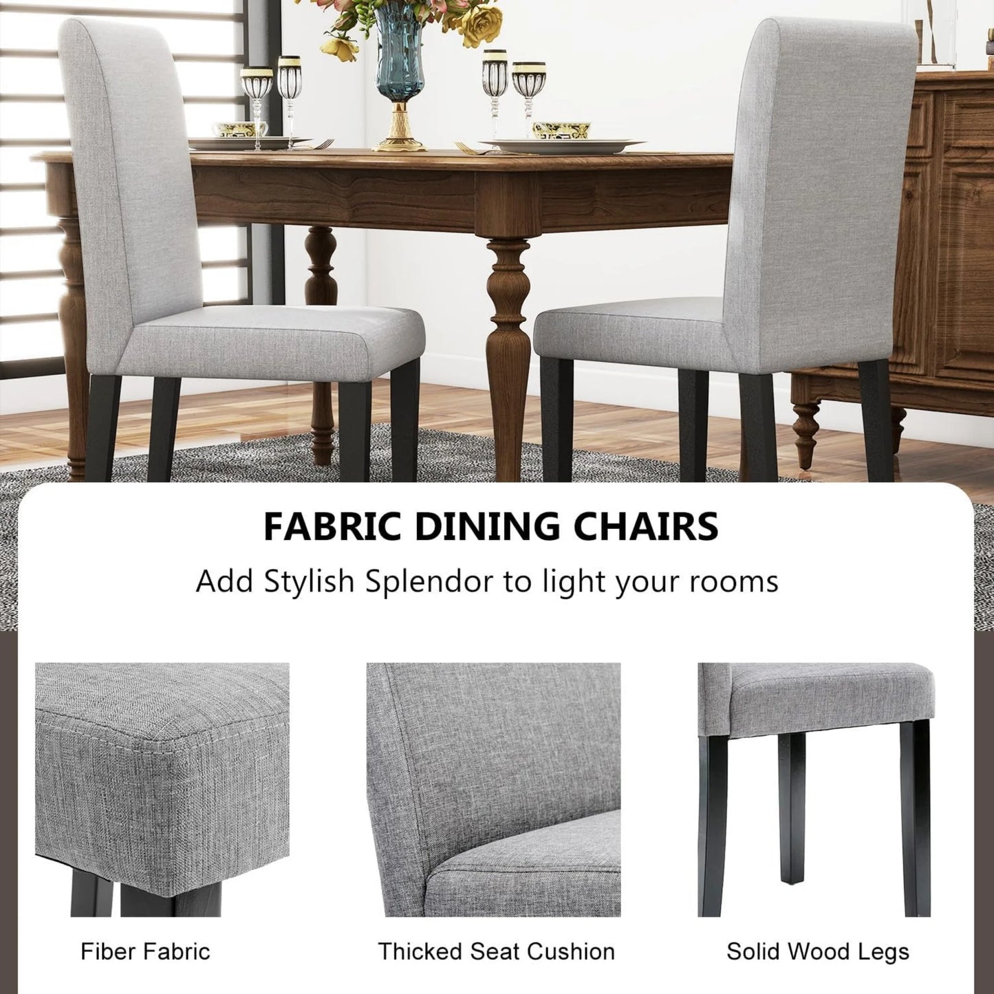 SUDICA Gray Upholstered Dining Chairs Set of 4, Linen Fabric with Metal Legs for Kitchen