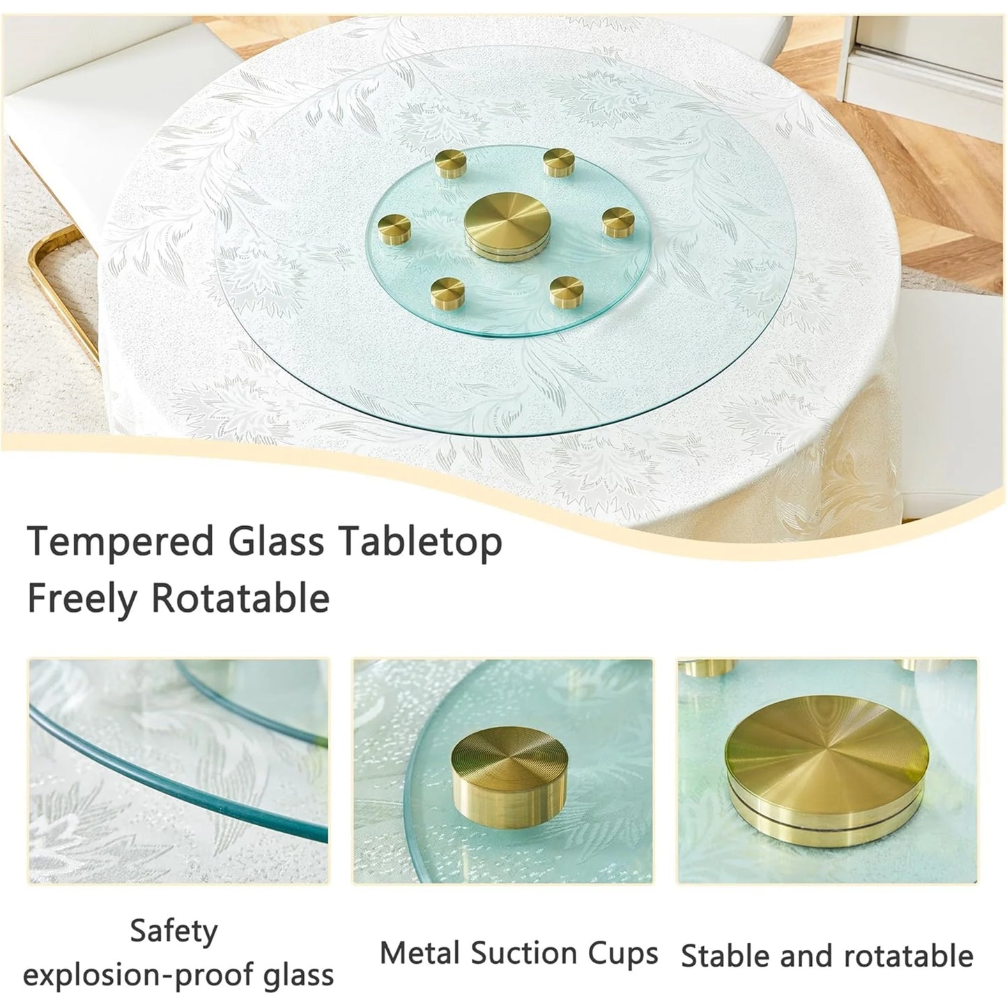 SUDICA 30.3" Transparent Tempered Glass Lazy Susan with Gold Base, Extra Large Rotating Round Dining Turntable