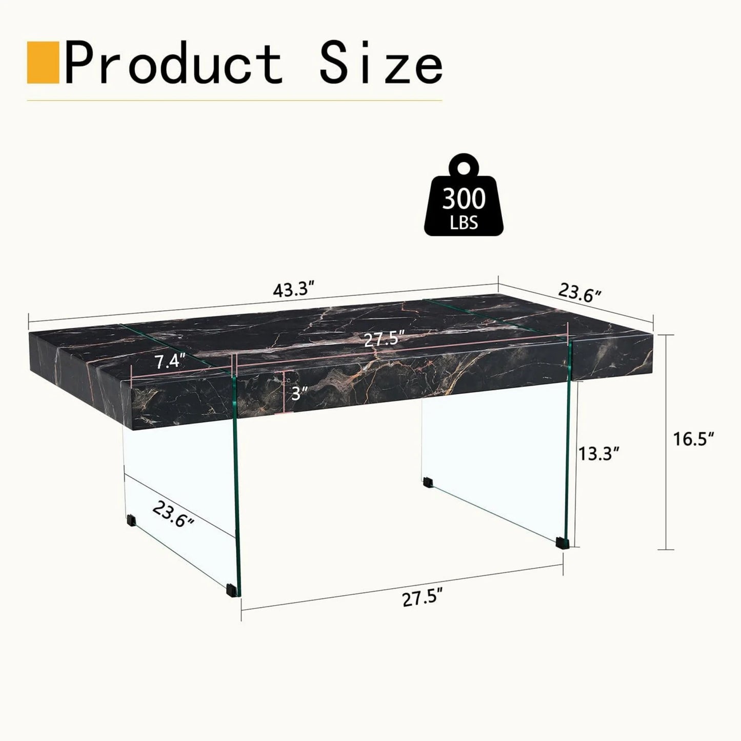 Sudica Black Marble Pattern MDF Coffee Table with Tempered Glass Legs for Living Room. Can Be Used As Coffee and Side Tables/Display Stand.(43.3"X23.6")