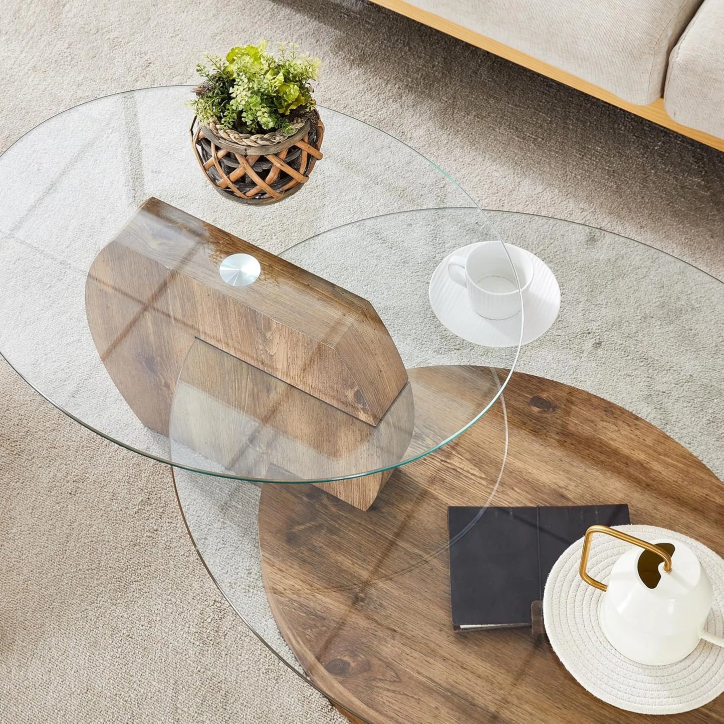 Sudica Modern Coffee Table with Double-layer Round Glass Tabletop,47" Tea Table with Natural Wood Faux Marble Patterned Base,Center Table for Living Room