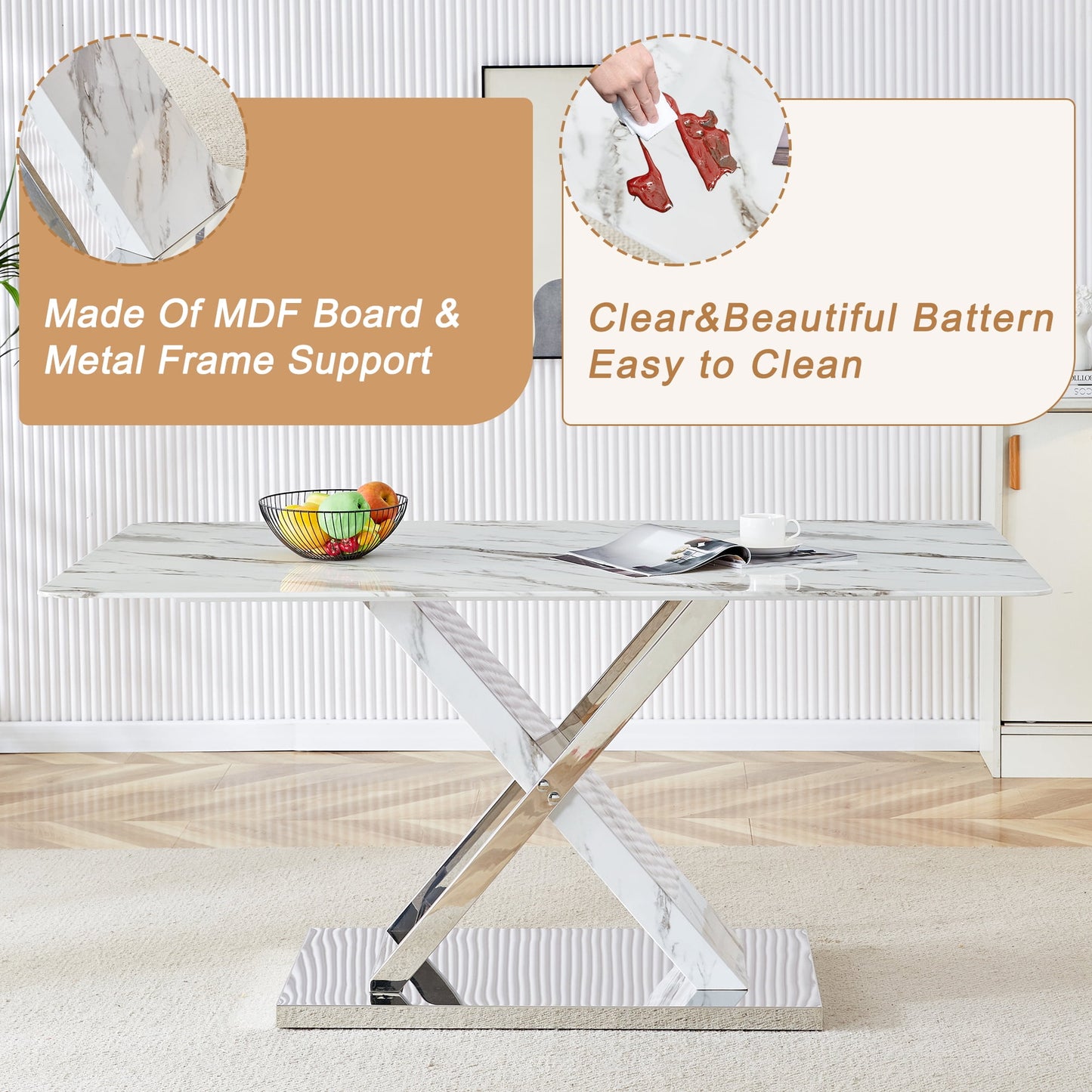 Sudica Dining Set, 63" Marble Dining Table Set with 6 Faux Leather Dining Chairs for Dining Room,White