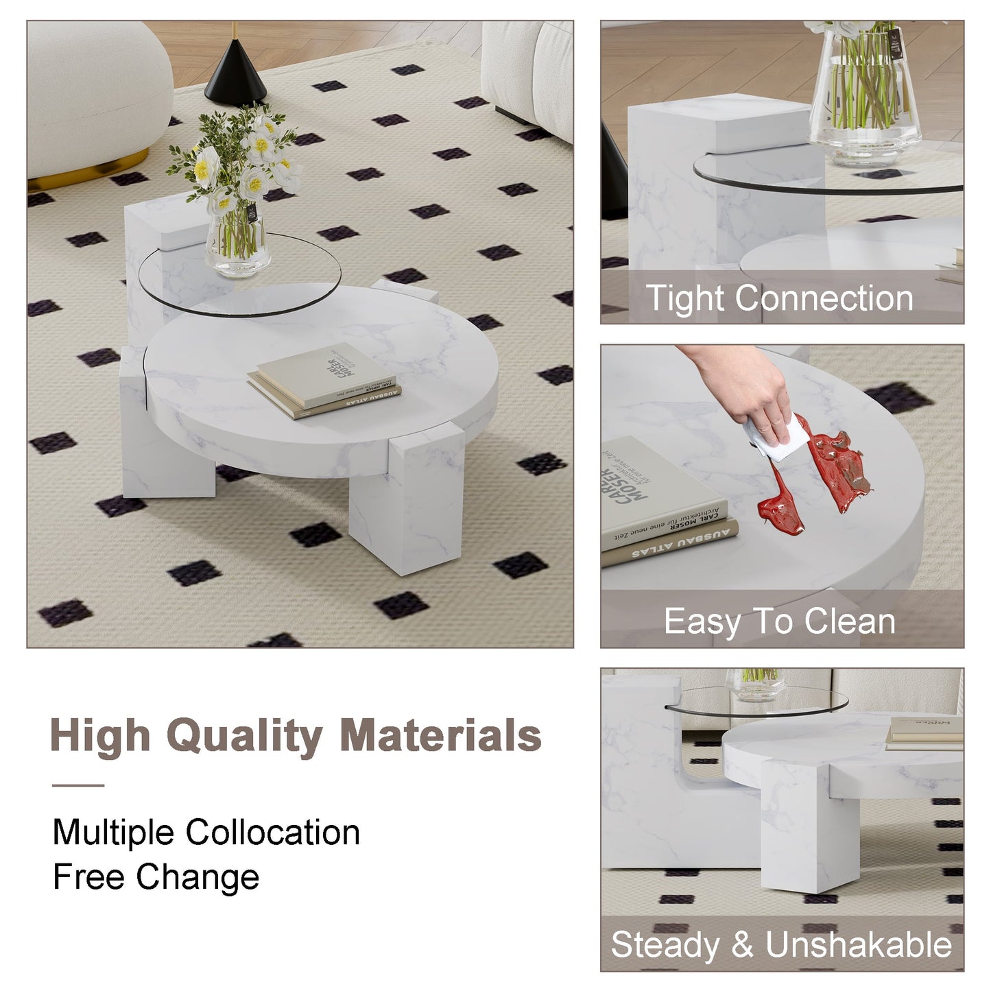 Sudica Round Coffee Table Set of 2, Modern Faux Marble Center Table with Glass Side Table for Living Room Bedroom