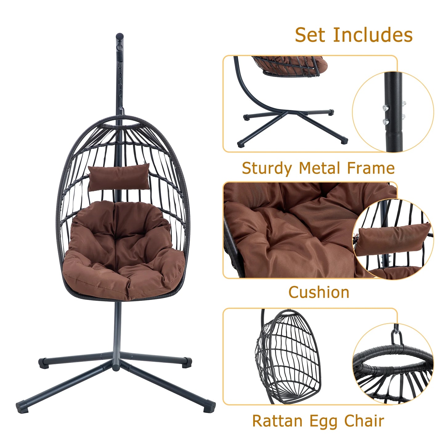 Sudica Hanging Egg Chair with Stand, Wicker Swing Chair with Soft Cushion for Indoor  Outdoor Patio