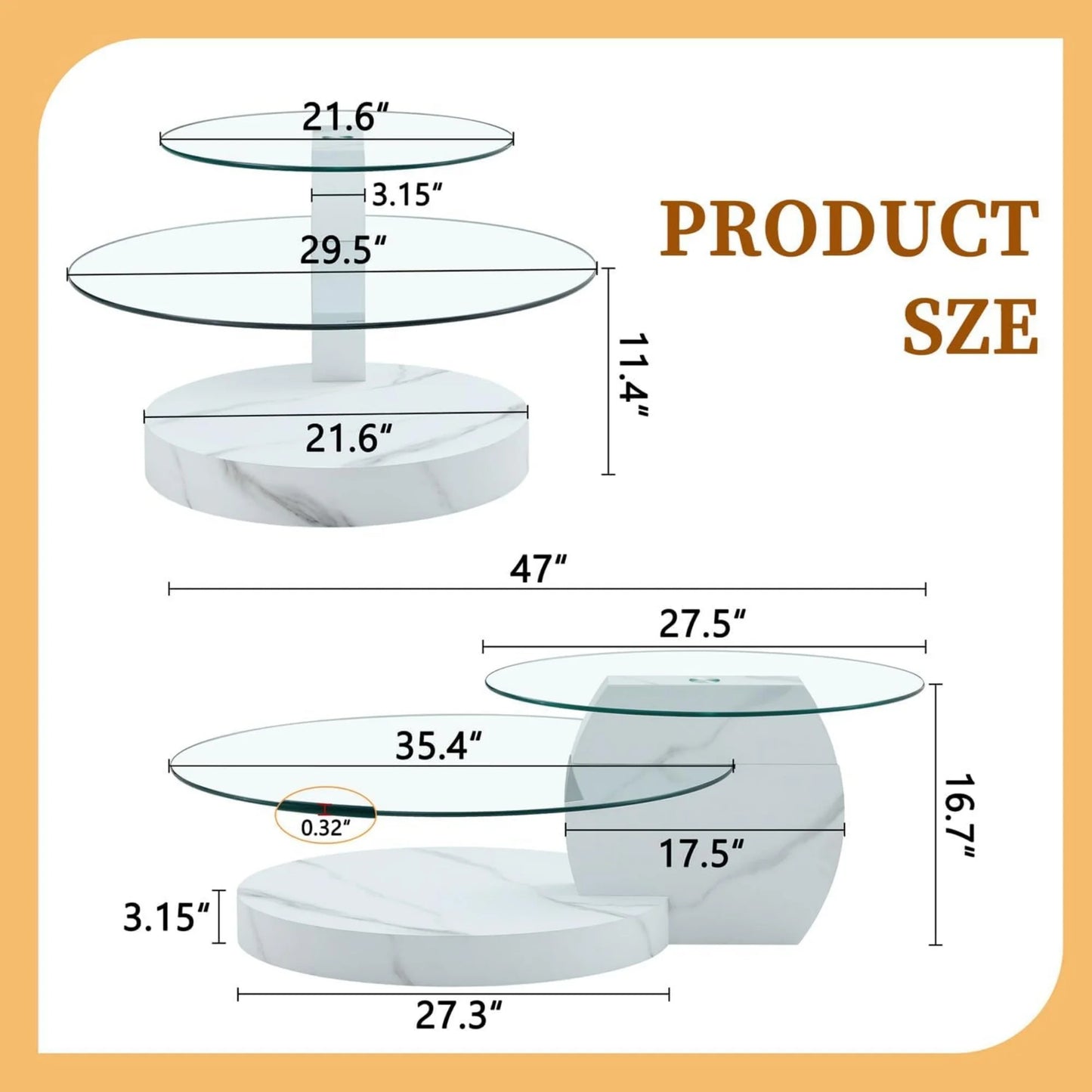 Sudica Modern Coffee Table with Double-layer Round Glass Tabletop,47" Tea Table with White Faux Marble Patterned Base,Center Table for Living Room