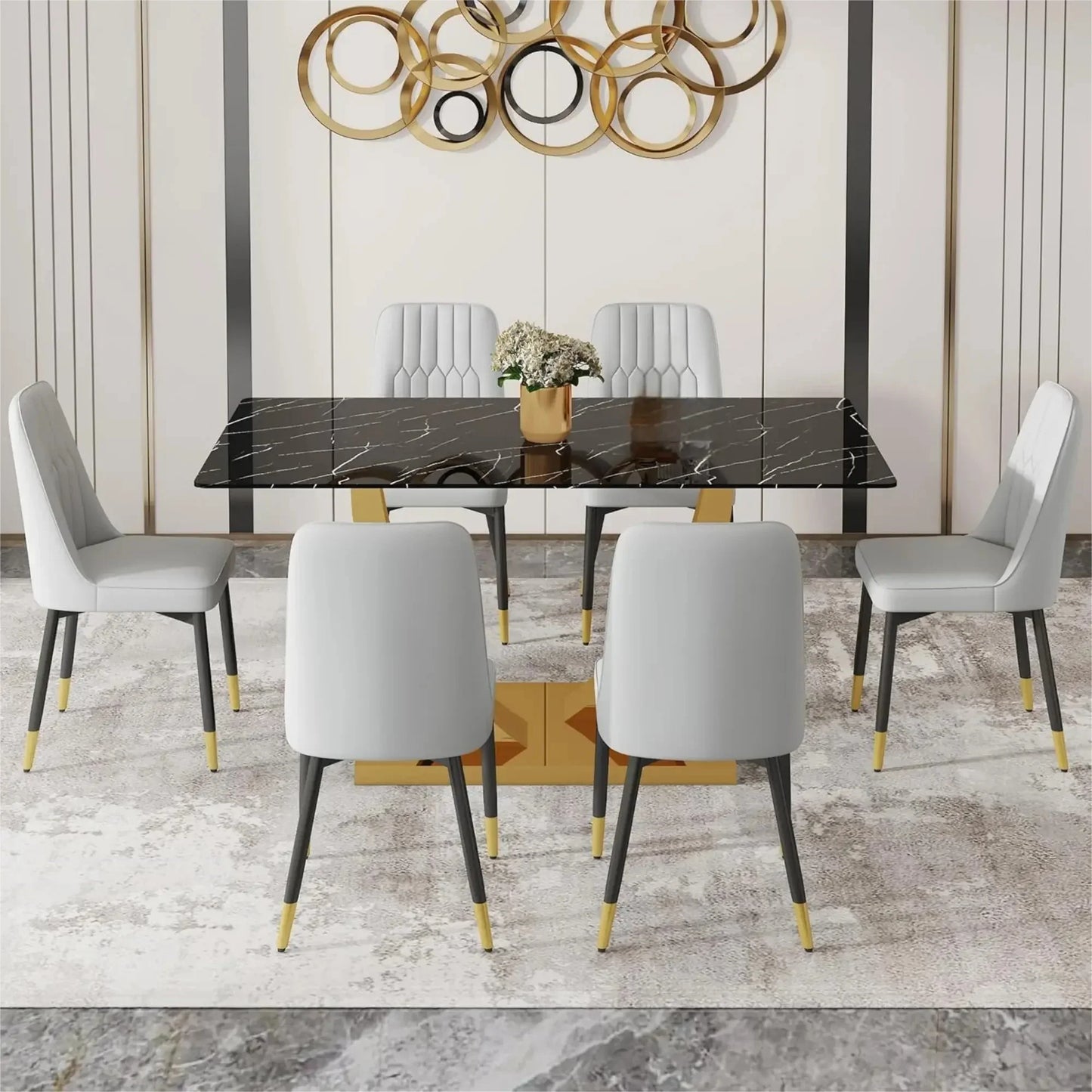 SUDICA 7 Piece Black and Gold Dining Set, Glass Table with Grey PU Chairs for Kitchen