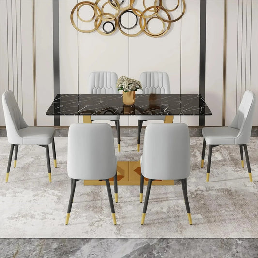 SUDICA 7 Piece Black and Gold Dining Set, Glass Table with Grey PU Chairs for Kitchen
