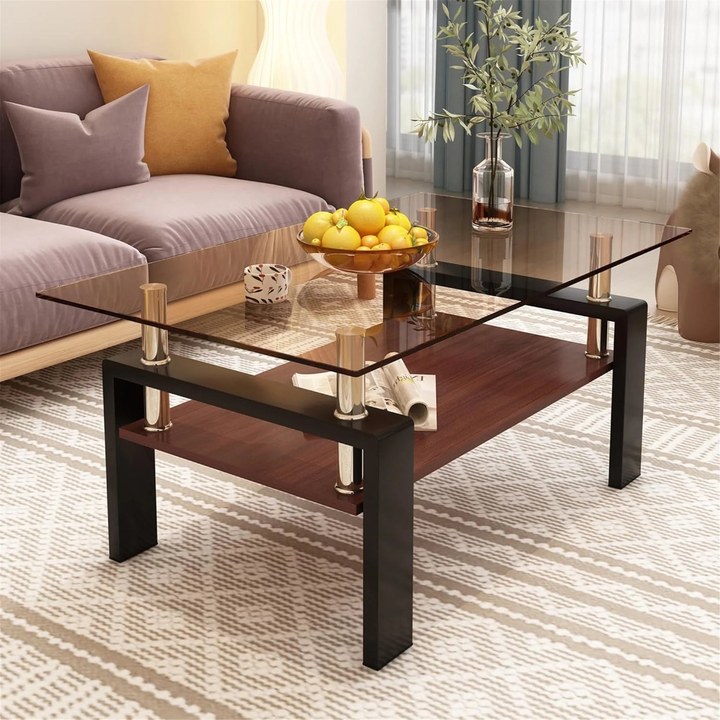 Glass Coffee Table Rectangle Living Room Center Table with Storage, Clear Tempered Glass Tabletop and Smoke Grey Leg,for Living Room and Office (Clear Smoke),Brown