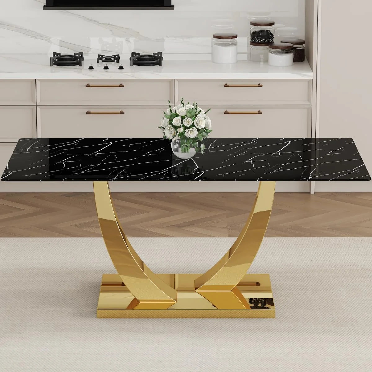 SUDICA 63" Glass Dining Table Set with 6 PU Leather Chairs, Gold Base, Modern Dining Room
