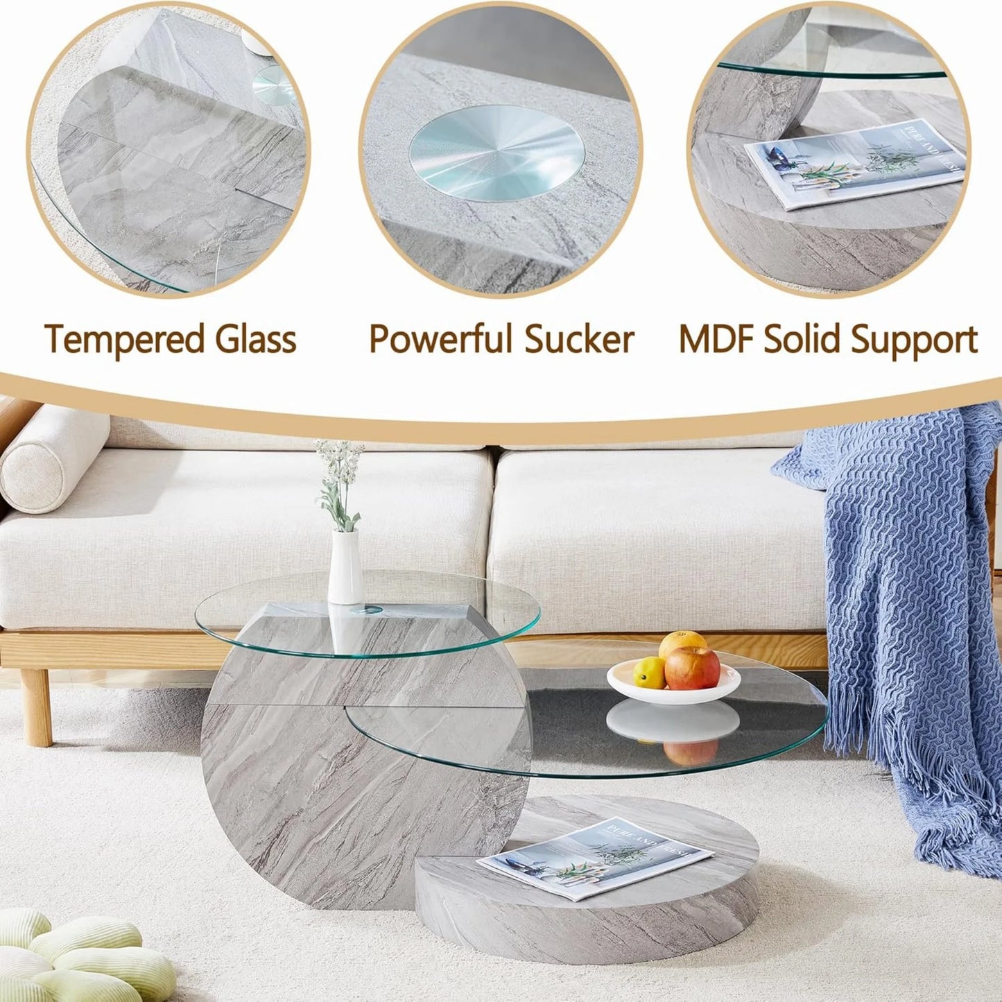 Sudica Modern Double-Layer Round Glass Coffee Table, 35.4" Center Table with Light Grey Faux Marble Base, Tempered Glass Top for Living Room