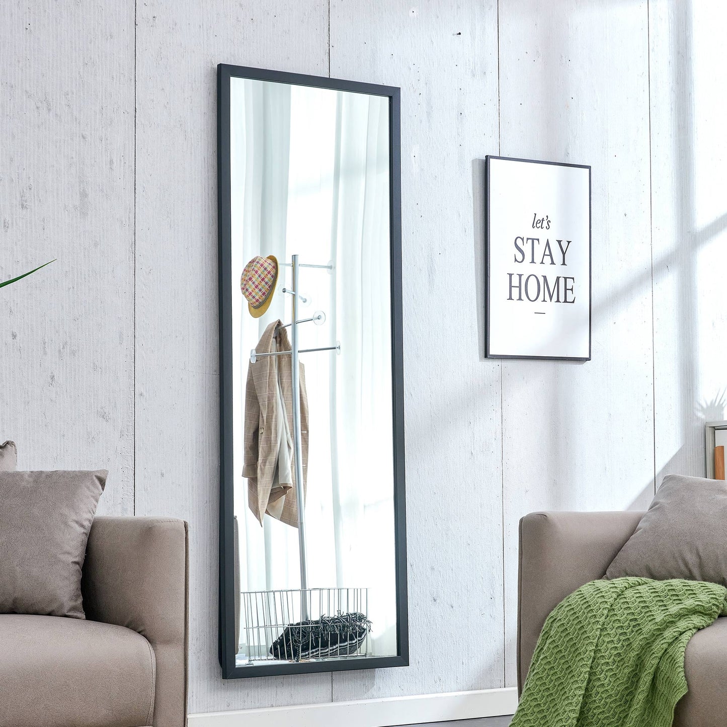 Wood Floor Mirror, 65"x 23 inch Sudica Thick Wooden Frame Full Body Mirror with Stand, Wall Mirror for Living Room, Black