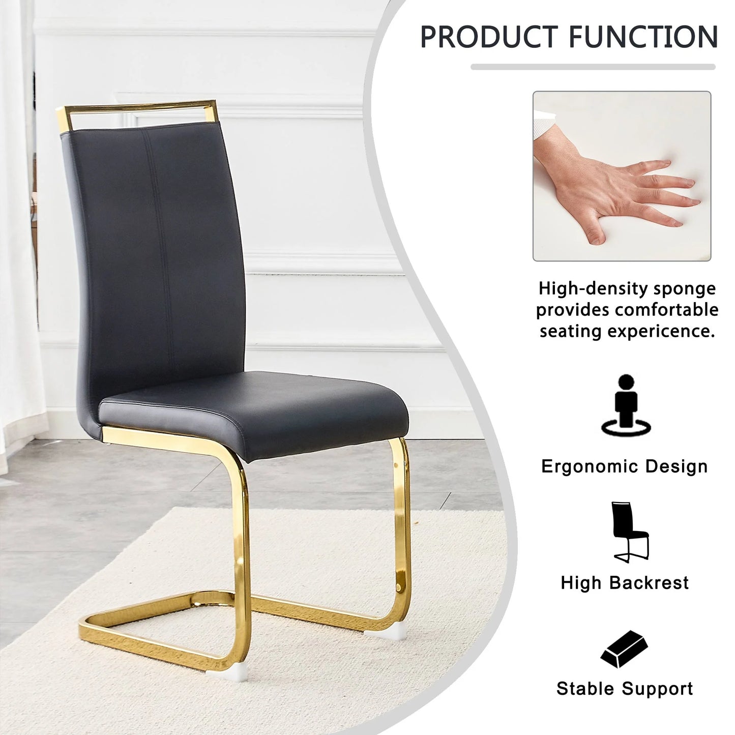 SUDICA 7 Piece Black Glass Dinner Table Set with 6 Faux Leather Chairs, Gold Base, 63"